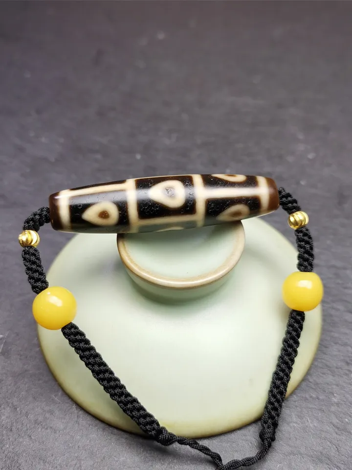 Gandhanra Antique Tibetan 9 Eyes Bodhi Dzi Bead Necklace, 2.13" x 0.51", 30 Years Old