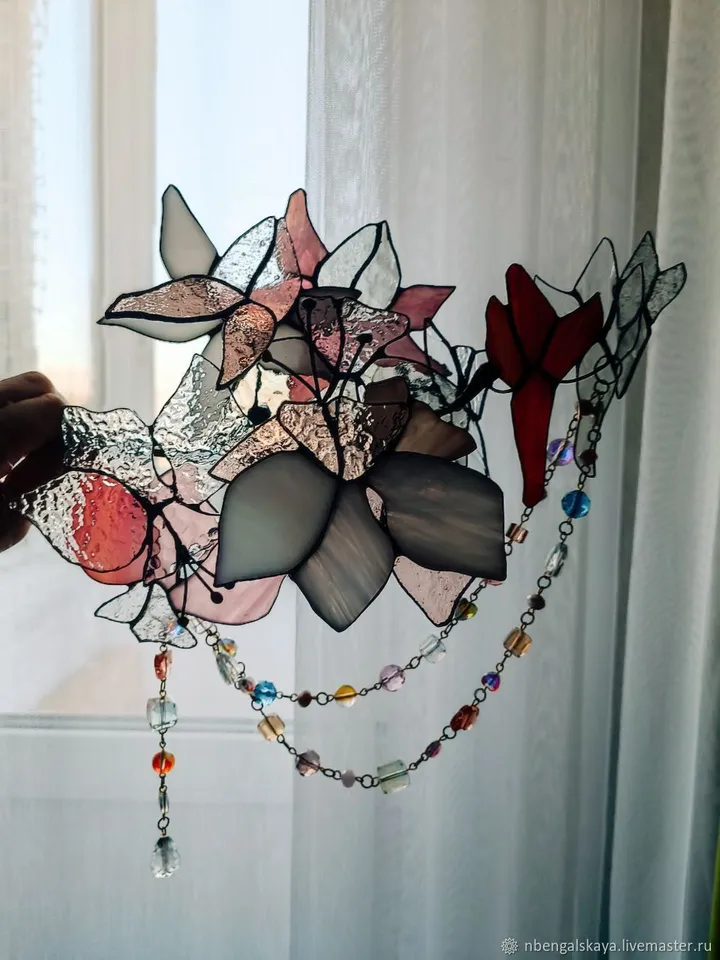 3D White and Pink Stained Glass Branch, 3D White-and-Blush Branch, 3D Stained Glass White and Pink Branch, White and Blush 3D Glass Twig, Delicate Pink & White Glass Floral Stem, Layered Stained Glass Blossom Branch, Handmade 3D Art Glass Flower Spray