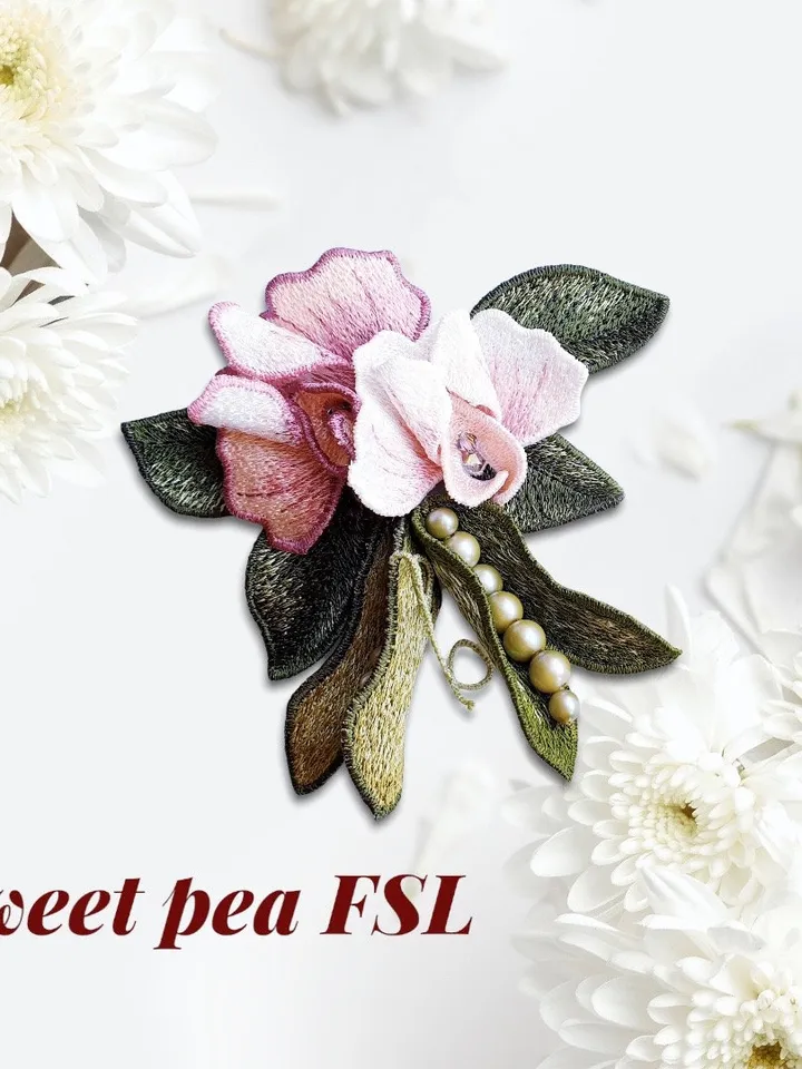 Sweet pea brooch FSL machine embroidery designs Free standing lace embroidery pattern 3D flower embroidery motif Flower FSLembroidery brooch