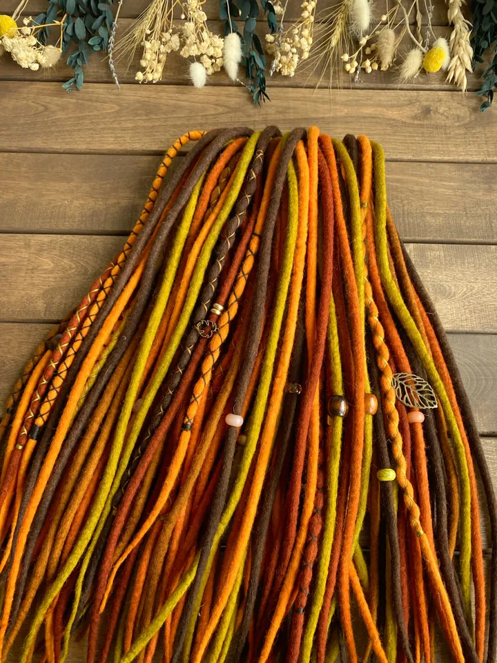 Wool Brown orange mustard green pumpkin, rust red copper Double Ended dreadlocks, Ready to ship