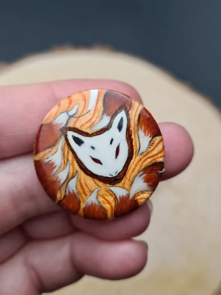 Kitsune brooch, real oil painting miniature on mother of pearl. Kitsune fox pin