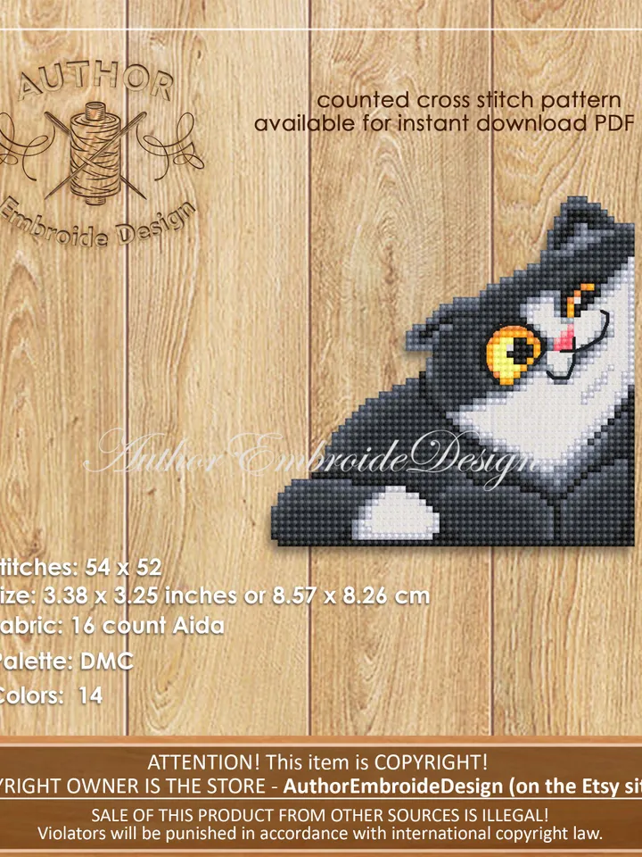 Black cat Corner bookmark cross stitch pattern download PDF Funny cat cross stitch chart, Cat bookmark digital pattern, Cat lover gift #B421