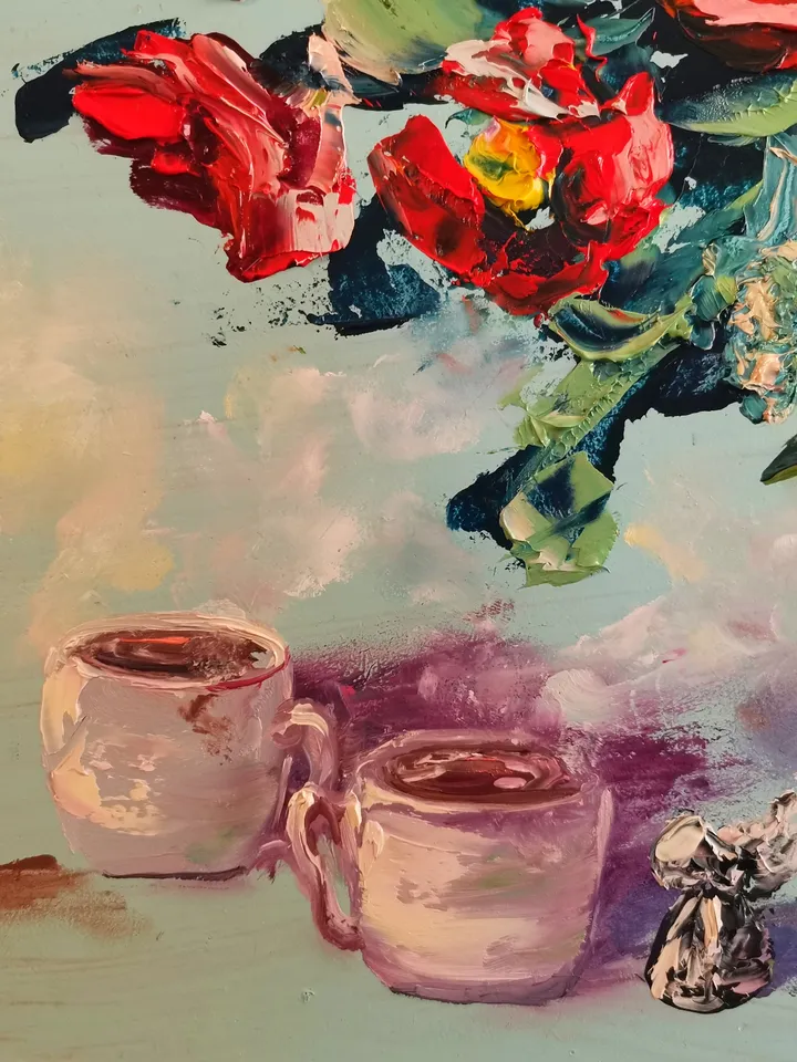 Roses Flower Coffee Candy Oil Painting Impasto Original Artist Svinar Oksana