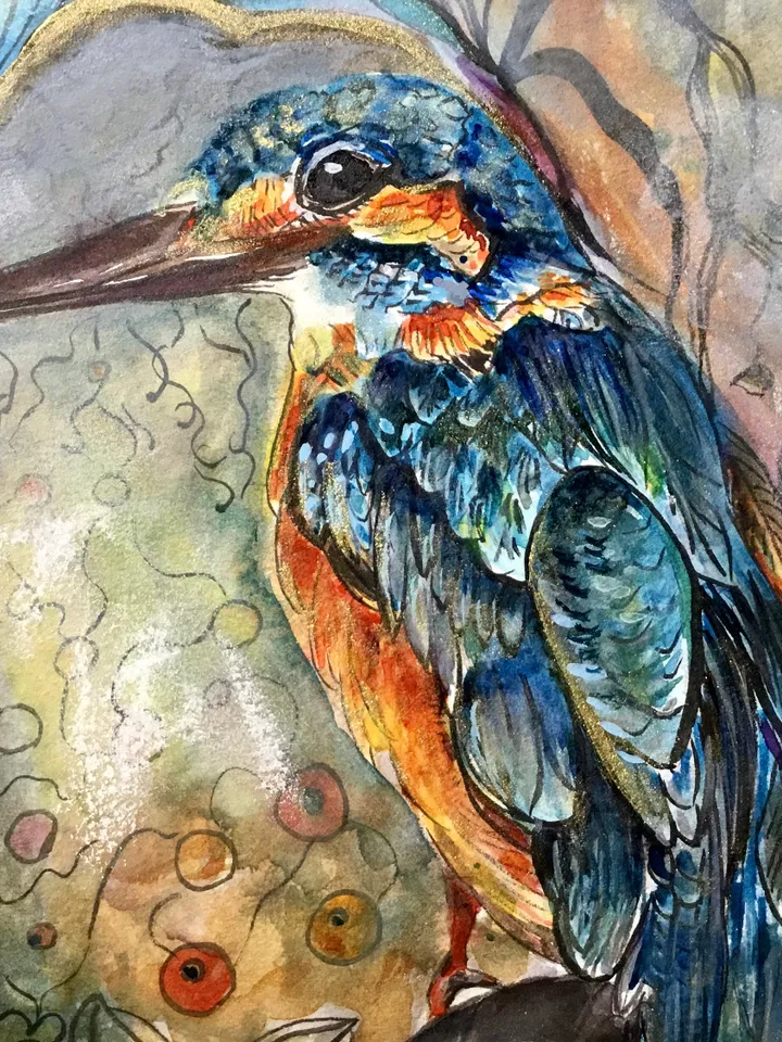 Kingfisher bird original watercolour mix media painting on watercolour paper,birds painting original wall art,interier decoration,gift.