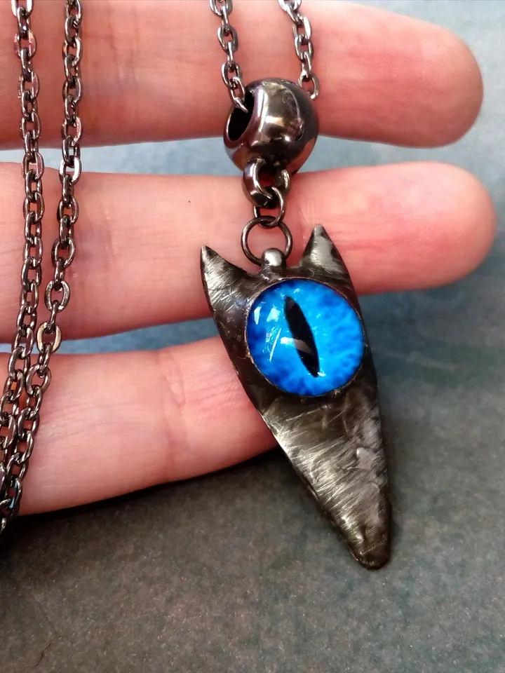 CAT necklace, cat eye tin soldered pendant, cat lovers jewelry, Halloween necklace, witchy aesthetic, goth bat pendant