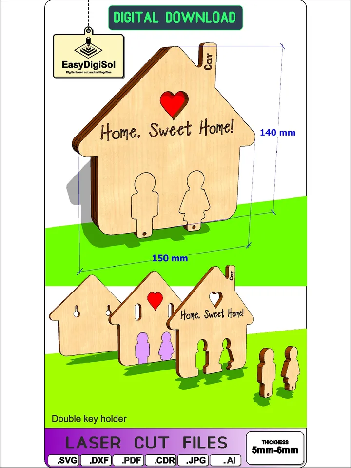 3D Home Double key holders DIY Laser cut bundle hanging SVG DXF PDF Ai House keyichain Key holder home decor family Glowforge wall keyring holder key keeper