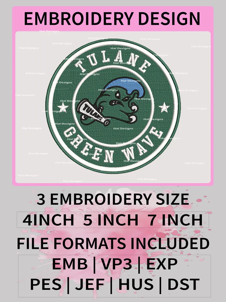 Tulane Green Wave Embroidery Files, NCAA Logo Embroidery Designs, NCAA Green Wave, Machine Embroidery Designs