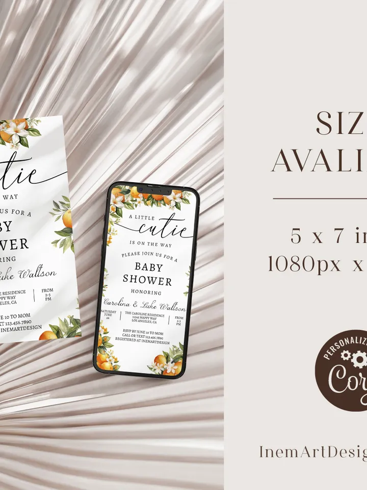 Editable A Little Cutie is on the Way Greenery Orange Gender Neutral Couples Baby Shower Invitation Invites Template Instant Download