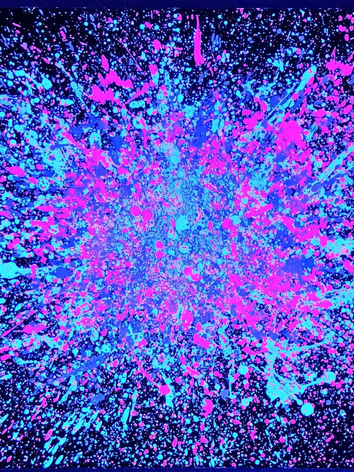 Fluorescent neon painting made with splashes technique "Miami" abstraction, contemporary art