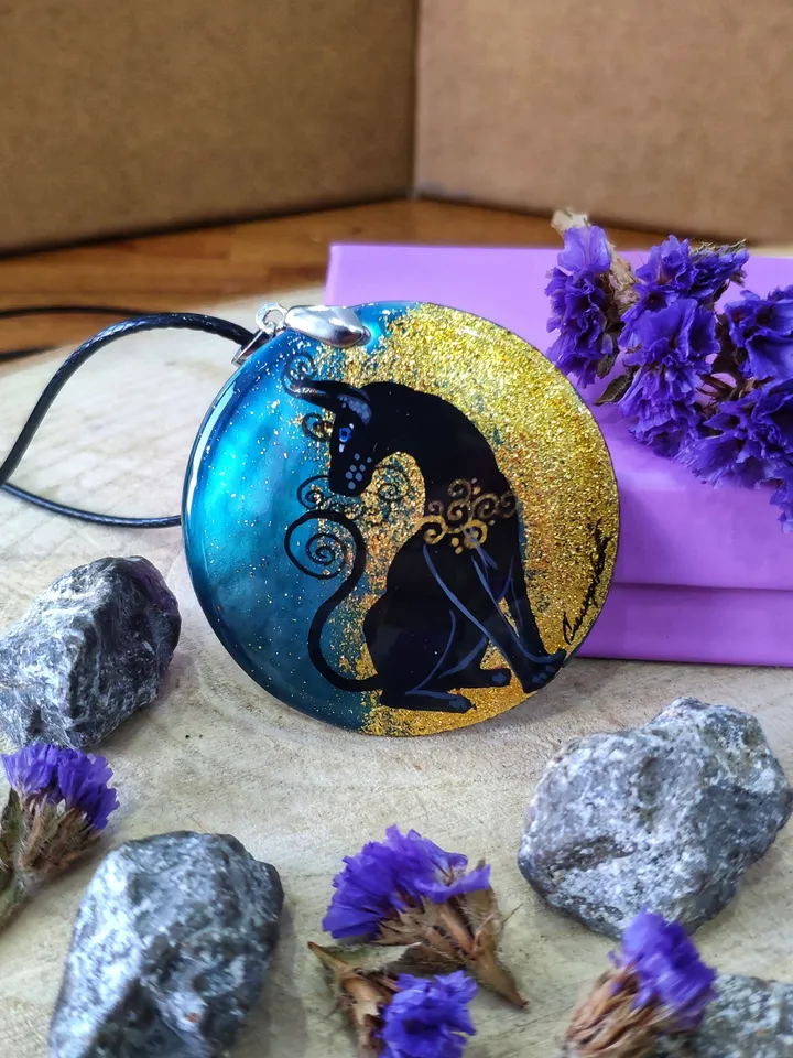 Pearl pendant necklace: Sphunx the black cat painted on handmade pendant • Aesthetic necklace for fall season • graceful cat lover gift