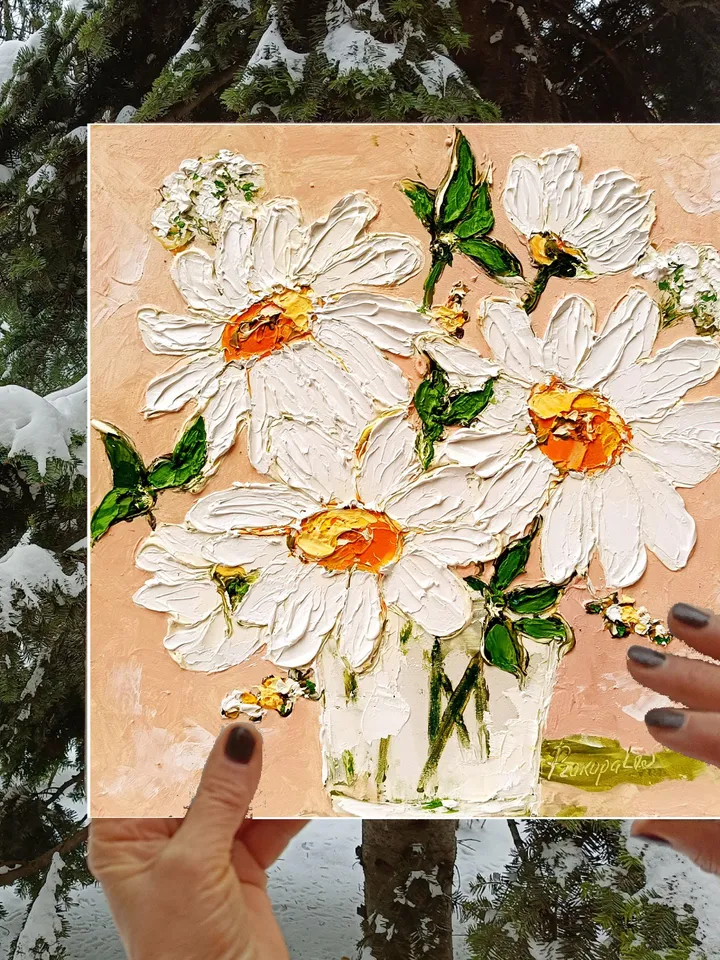 Daisy Painting Flowers Original Fine Art Flowers Blossoms Wall Art Decor Floral Impasto Artwork Meadow Art Gifts by ArtProkopaloSv