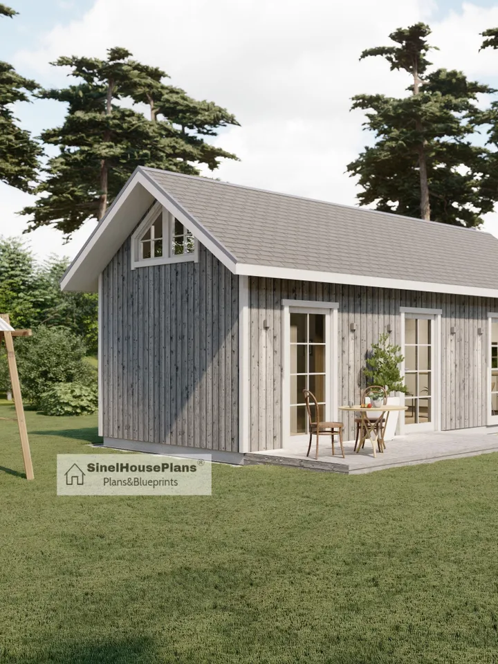 Cabin House Plan, 2-Story 2-Bedroom 455 SF Cottage Building Construction Drawings with Material List