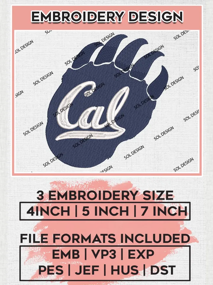 NCAA California Team Logo Embroidery Design Files, NCAA California Golden Bears Machine Embroidery, NCAA Teams, 3 sizes, NCAA Machine embroidery designs, Digital Download