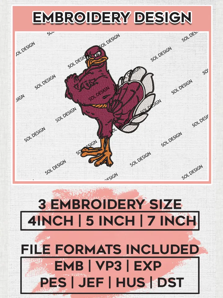 NCAA Virginia Tech Hokies Team Mascot Logo embroidery designs, NCAA Virginia Tech Hokies Logo Machine embroidery designs, NCAA Team Logo embroidery designs, NCAA Game Day Machine embroidery designs, Digital Download