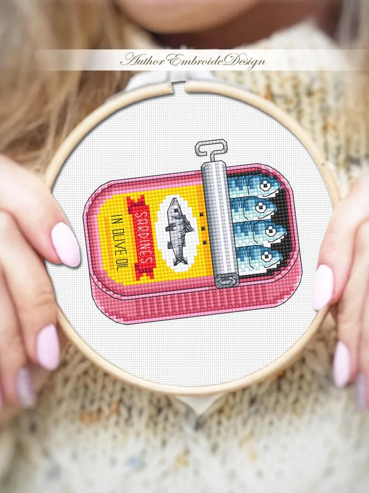 Sardines can cross stitch pattern PDF download Vintage tinned sardines cross stitch chart, Fish pattern digital, Funny kitchen decor #F27