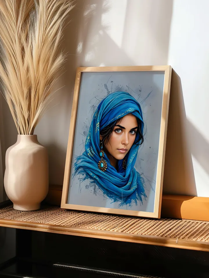 Afghan Woman Portrait Wall Art Modern Indigo Print Middle Eastern Heritage Poster Arab Woman Artwork Blue Gallery Digital Download