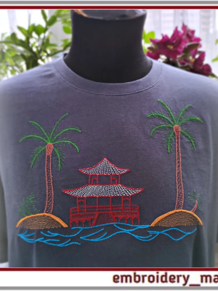 Machine embroidery design The palm trees, the sea and the house pattern
