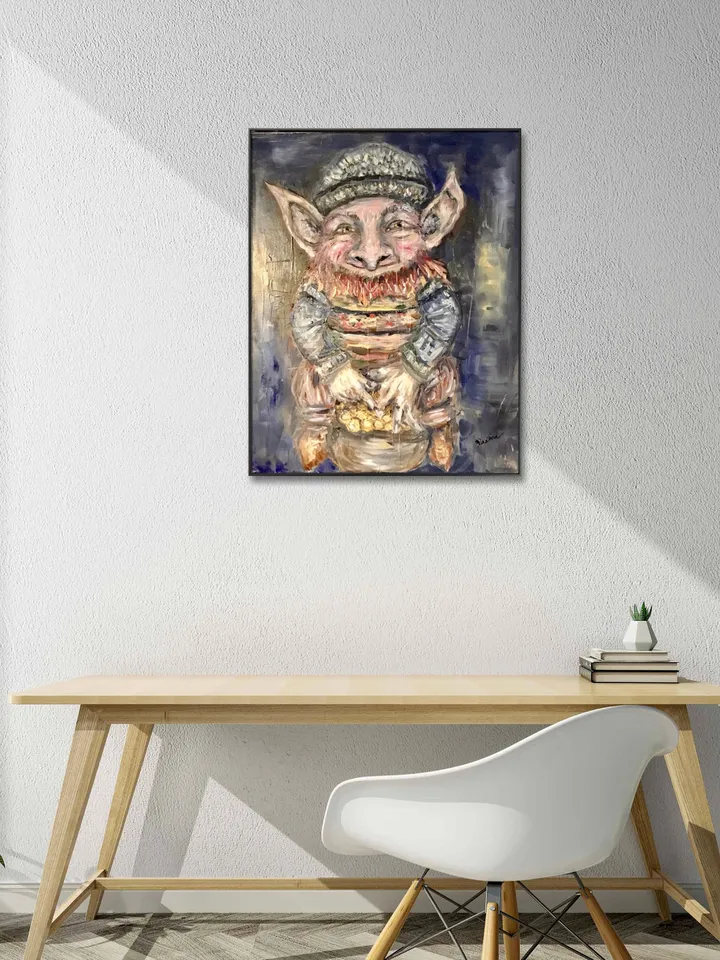 Leprechaun with a pot of gold,original oil painting on stretched canvas,home decoration,gift.
