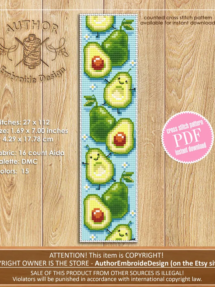 Kawaii bookmark cross stitch download PDF Cute avocado cross stitch Digital bookmark fruit Funny cross stitch chart Bookmarks for kids #B51