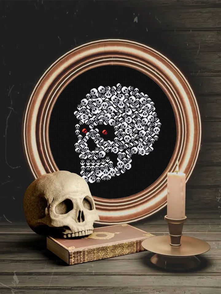 Halloween skulls cross stitch pattern download PDF Gothic ornament cross stitch chart, Horror Halloween pattern, Skull embroidery PDF #H51