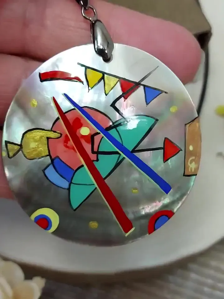 Pendant Kandinsky 2 Mother-of-pearl Hand-painted Russian jewelry magic of painting fine art jewelry Art gift Fedoskino Collectible