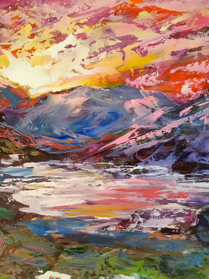 Lake Island Flowers Sunset Mountains Original Art Oil Painting impasto Artist Svinar Oksana