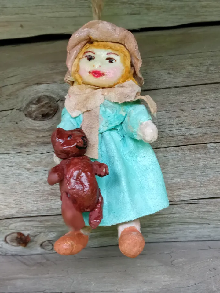Small handmade doll made of cotton wool Girl with a teddy bear. Original decoration for the Christmas tree. DIY Christmas decor. Family souvenir. Home decoration. Unique gift DIY Free shipping