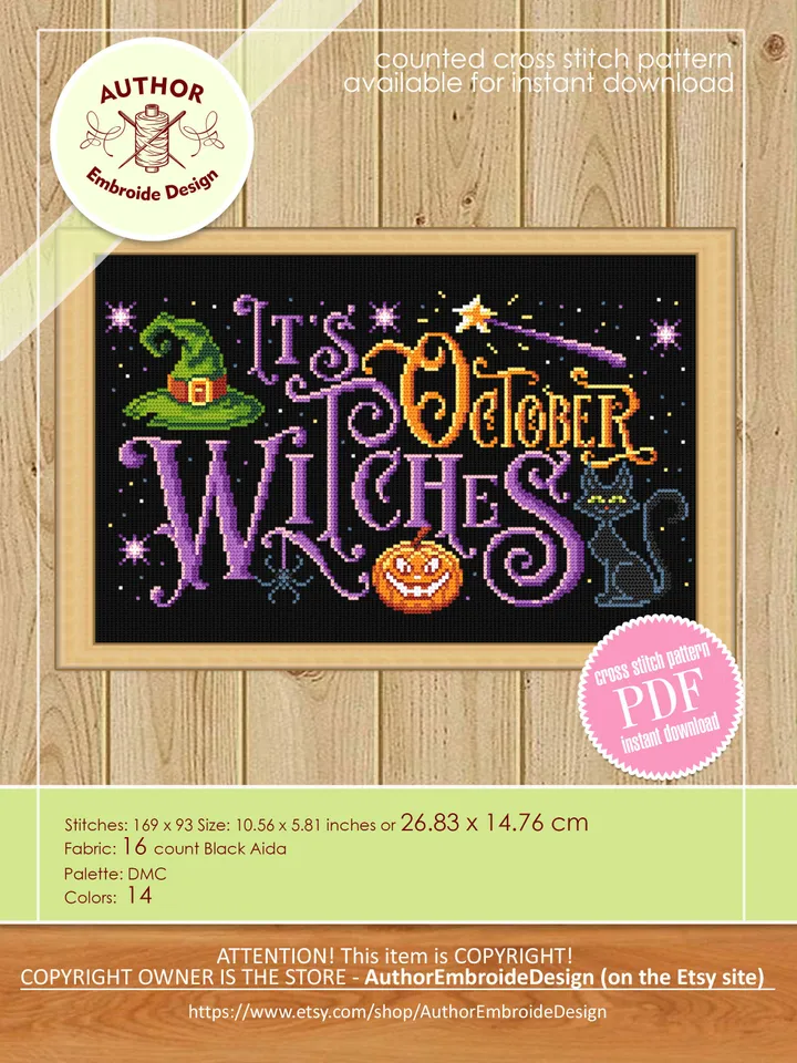 Halloween quotes cross stitch pattern download PDF Witch cross stitch chart, Cute Halloween pattern digital PDF, DIY Halloween decor #H33