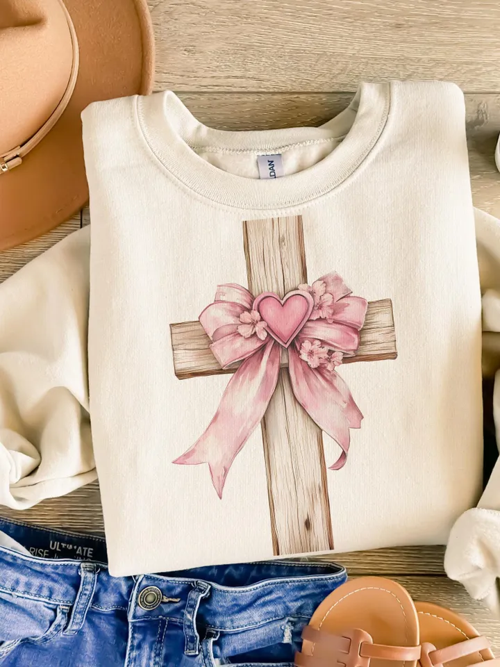 Valentine Cross PNG, Coquette Valentine Cross Bow png, He loved Us png, Christian Coquette Cross png, Bible Verse png, Vday Coquette png