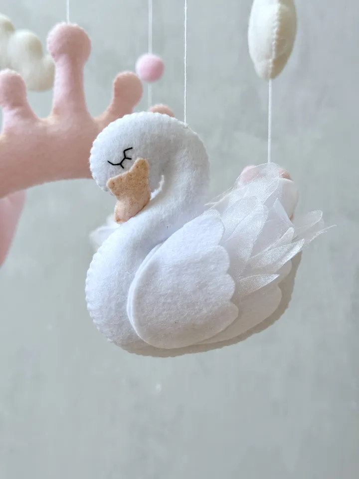 Swan mobile girl pink and white Princess crib mobile crown and hearts