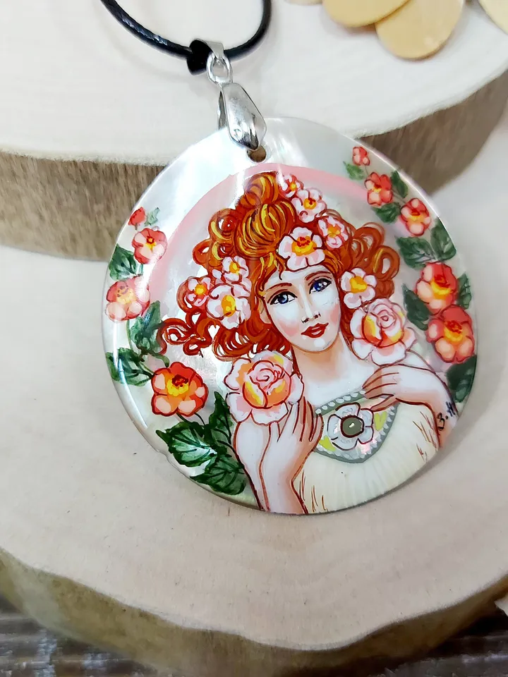 Pearl pendant necklace: Rose by Alphonse Mucha on aesthetic pendant. Handmade Floral jewelry with abalone mother-of-pearl. Gift for mother