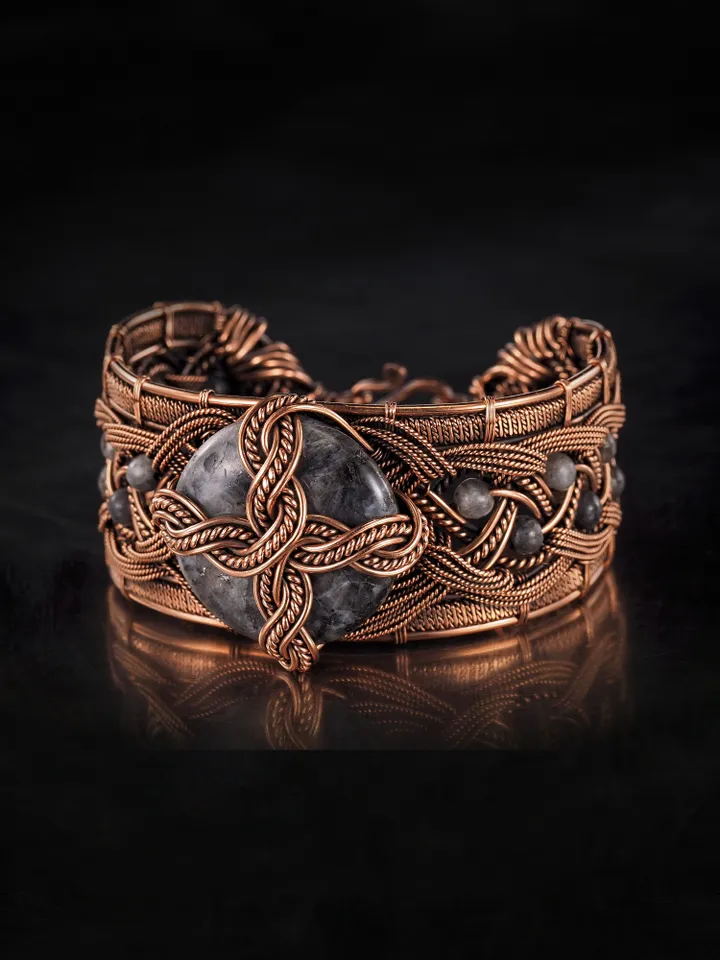Copper wire wrapped larvikite bracelet Unique bangle 7th Wedding Anniversary