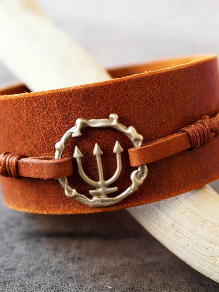 Trident Men Leather Bracelet, Poseidon | Greek Mythology | Light Brown Strap Bracelet