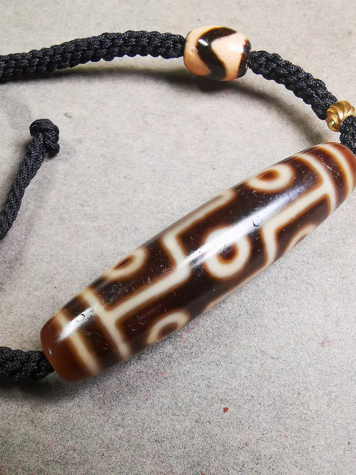 Gandhanra Antique Tibetan Dzi Bead Necklace,Nine Eyed Dzi (30 Years Old) + Tiget Tooth Bead, Attract Wealth and Good Luck