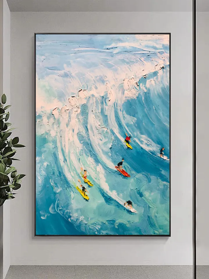 Original Surf Painting on Canvas Custom Painting Texture Wall Art Personalized Gift Blue Ocean Waves Nature Scenery Art Bedroom Wall Decor