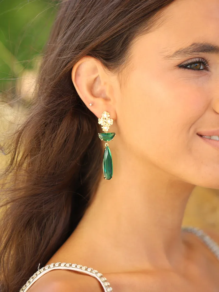 Gold 24K Emerald Green Art Deco Wedding Earrings For Brides, Vintage Style Flower Statement Bridal Earrings, Boho Wedding Earrings, Jewelry