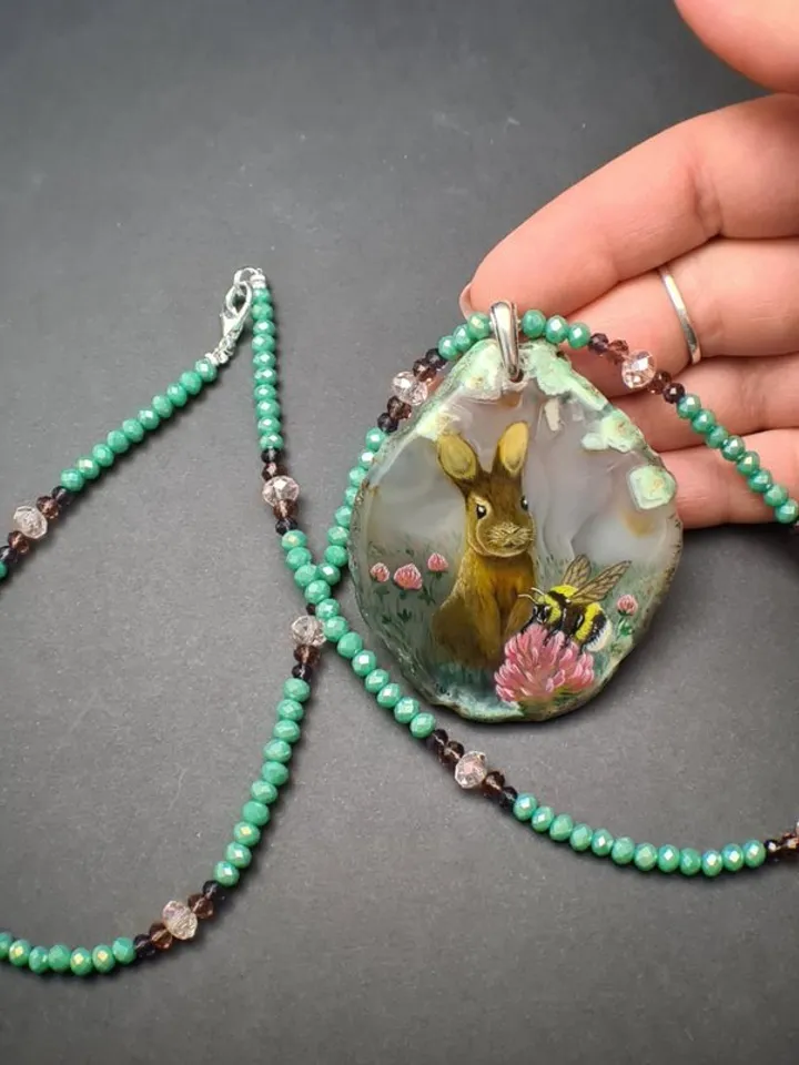 Necklace with rabbit, bumblebee Painting Agate stone Christmas Gift Wrapping