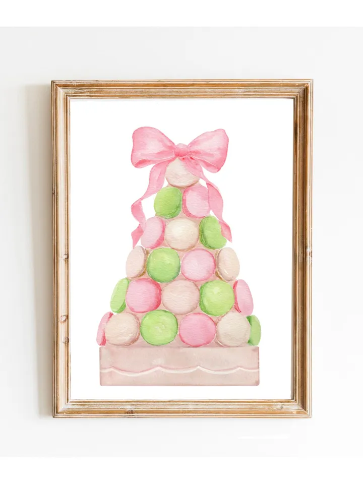 Pink Macaron Bow Print, Watercolor Painting, Pink And Mint, Bakery Painting, Bakery Pink Cupcake, Gift For Her, Watercolor Dessert, Pink Bow