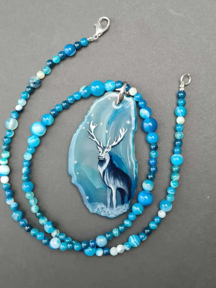 Deer necklace Agate necklace Real oil painting of deer Lacquer miniature