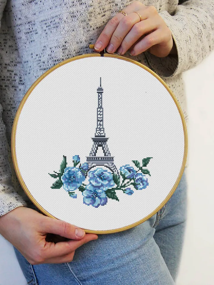 Spring cross stitch pattern PDF download Eiffel Tower beginner stitch Sakura flowers cross stitch Modern France embroidery Paris decor #E1