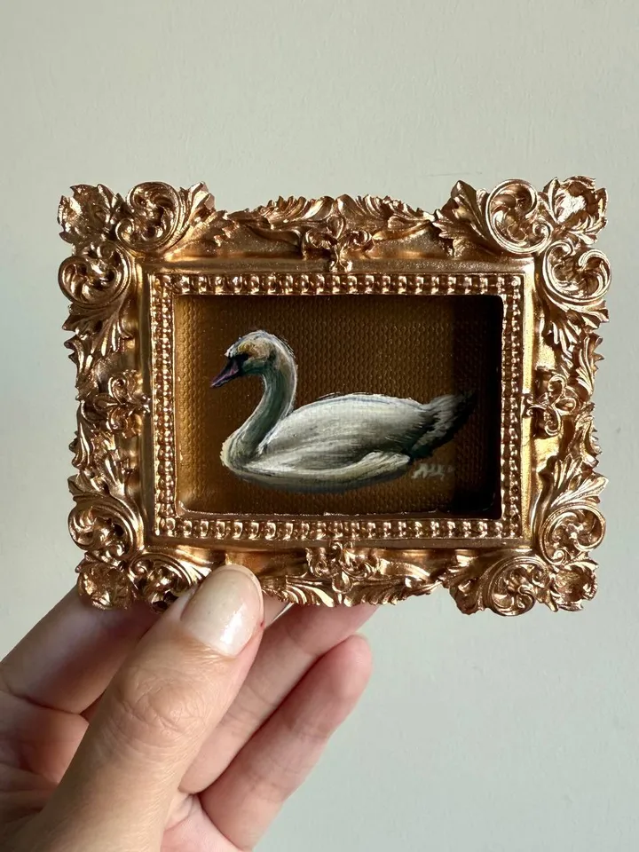 Framed Swan Oil Painting Original White Swan Art Bird Painting Gold Frame Dark Academia
