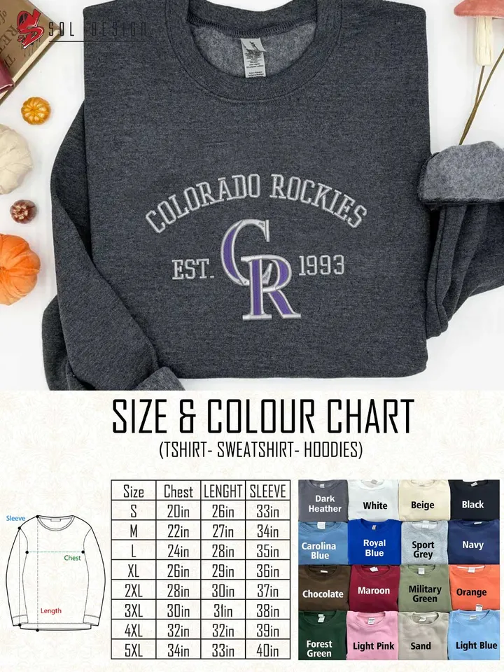 Colorado Rockies Est 1993 Embroidered Sweatshirt, MLB Embroidered Sweatshirt, MLB Colorado Rockies T Shirt, MLB Baseball Team Embroidered Hoodie, Unisex Crewneck, MLB Team Fan Gift Tee
