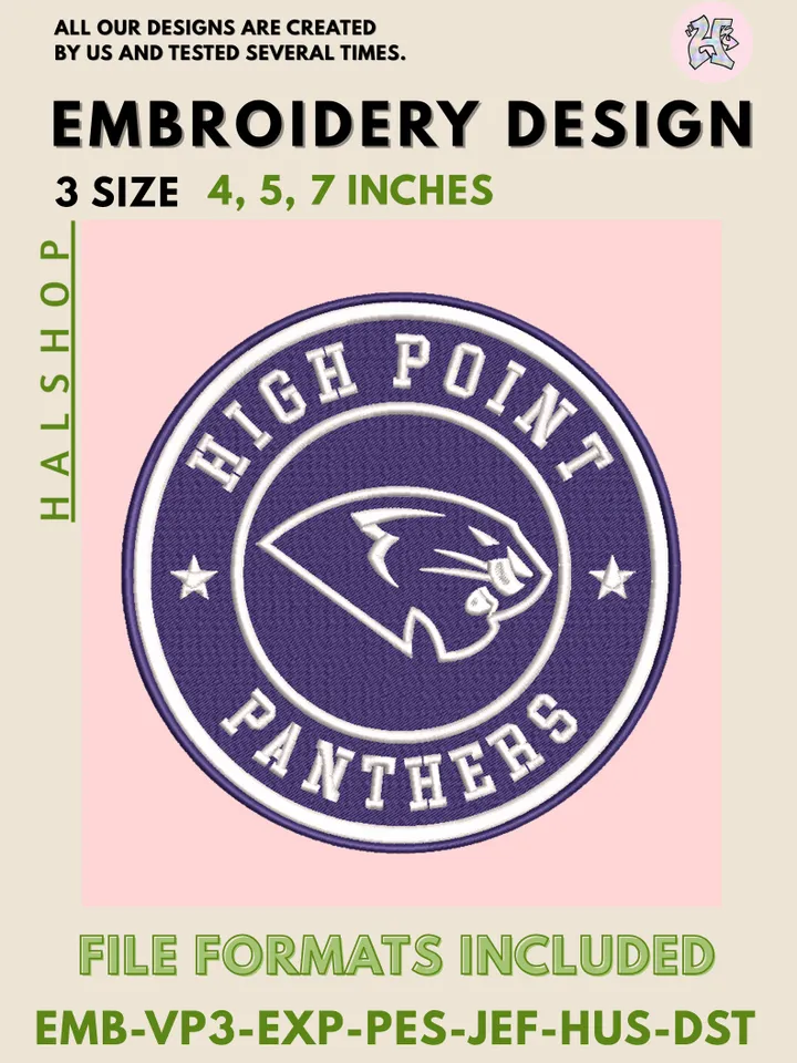 NCAA High Point Panthers Round Logo Embroidery, NCAA High Point Panthers Logo Embroidery Files, NCAA Teams, Machine Embroidery Designs, Digital Download