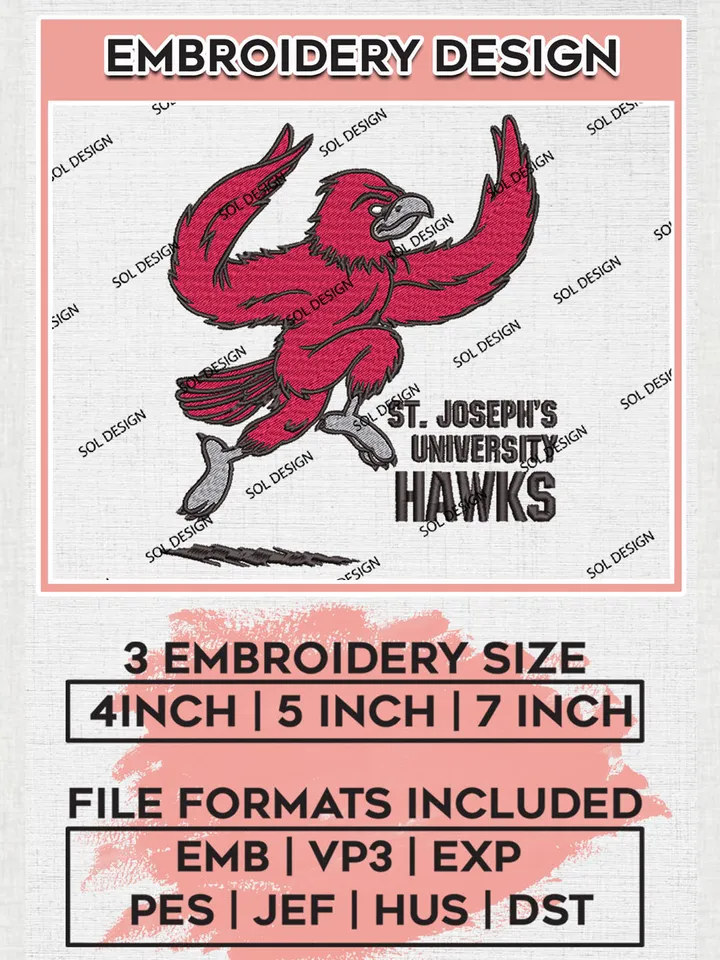 NCAA Saint Josephs Hawks Team Mascot Logo Embroidery Design Files, NCAA Saint Josephs Hawks Machine Embroidery, NCAA Teams, 3 sizes, NCAA Machine embroidery designs, Digital Download