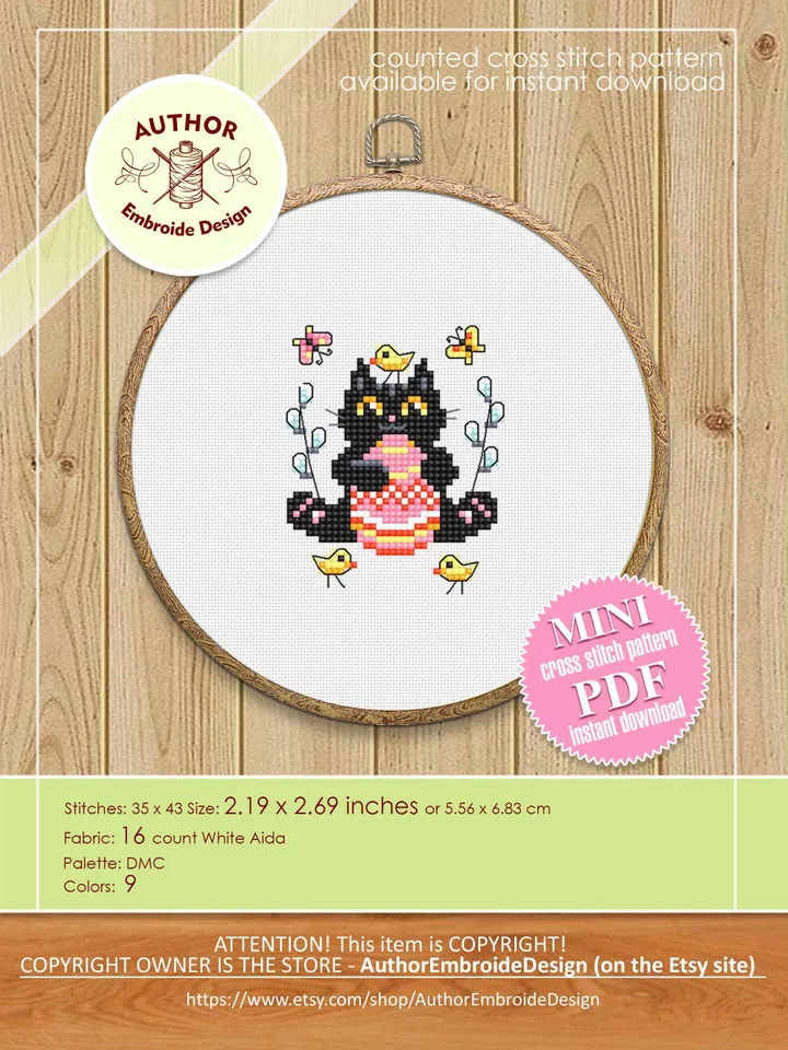 Set Black cat cross stitch pattern PDF download Easter cross stitch chart, Mini cat pattern digital PDF, Easter eggs, Cat holiday cards #T41