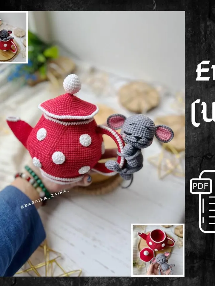 PDF Crochet Pattern Mouse in the Teapot, Amigurumi Decor pattern, Crochet mouse, Cute mouse, Pattern House, Crochet tea house