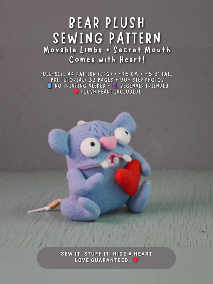 Fleece Plush Toy Pattern β Softie Bear with Heart PDF Tutorial