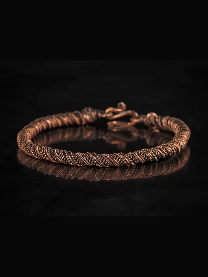 Narrow wire wrapped copper bracelet Unique metal bangle Handmade jewelry
