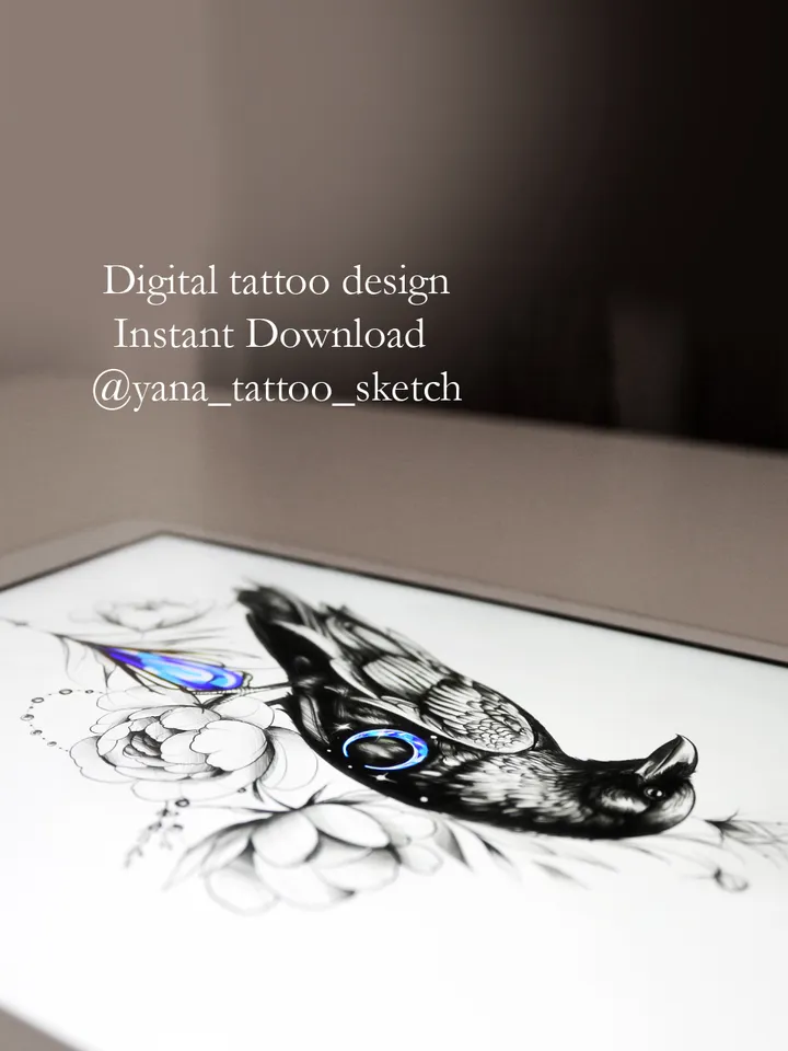 Crow Tattoo Design Crow Tattoo Stencil Idea Sketch, Instant download PDF, JPG