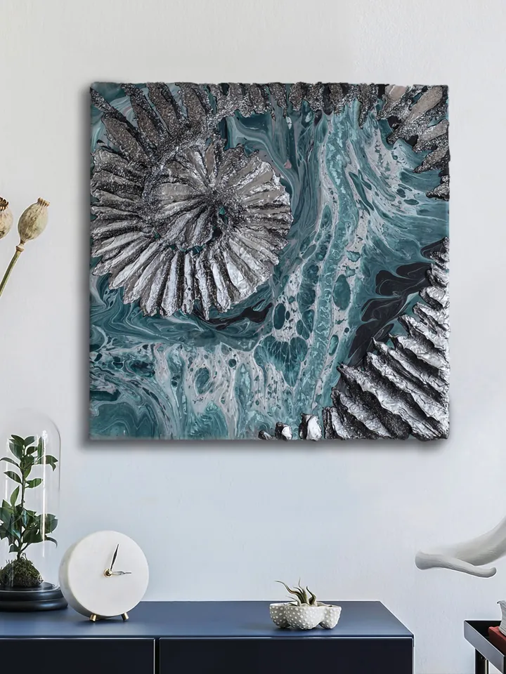 Waterscape wall art | Modern Abstract Sea Painting | 3D Effect Acrylic Art on Canvas | Handmade Artwork | Blue Square painting